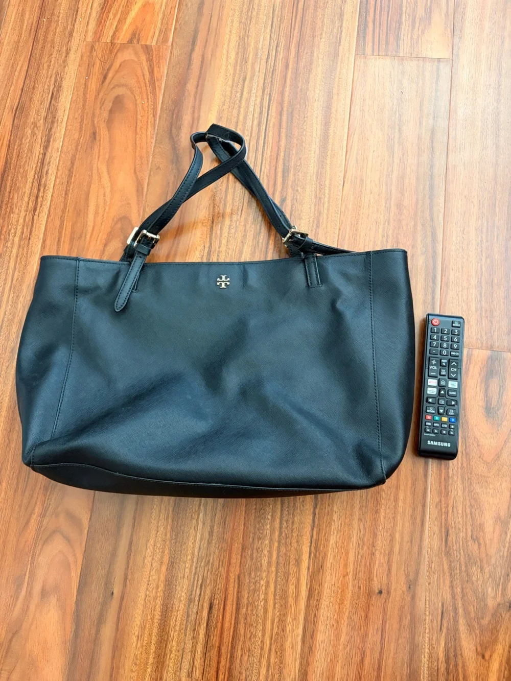 Tory Burch Black Leather Tote Bag Gold Hardware Work Laptop Shoulder Purse